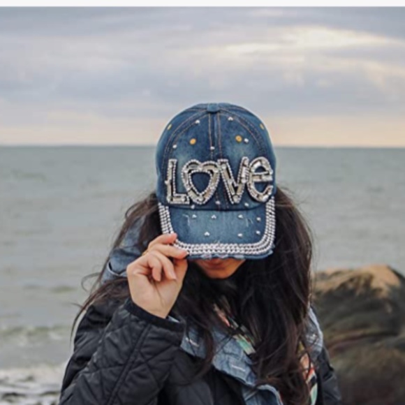 Love Embellished Distressed Denim Adjustable Bling Cap OS - Picture 2 of 3